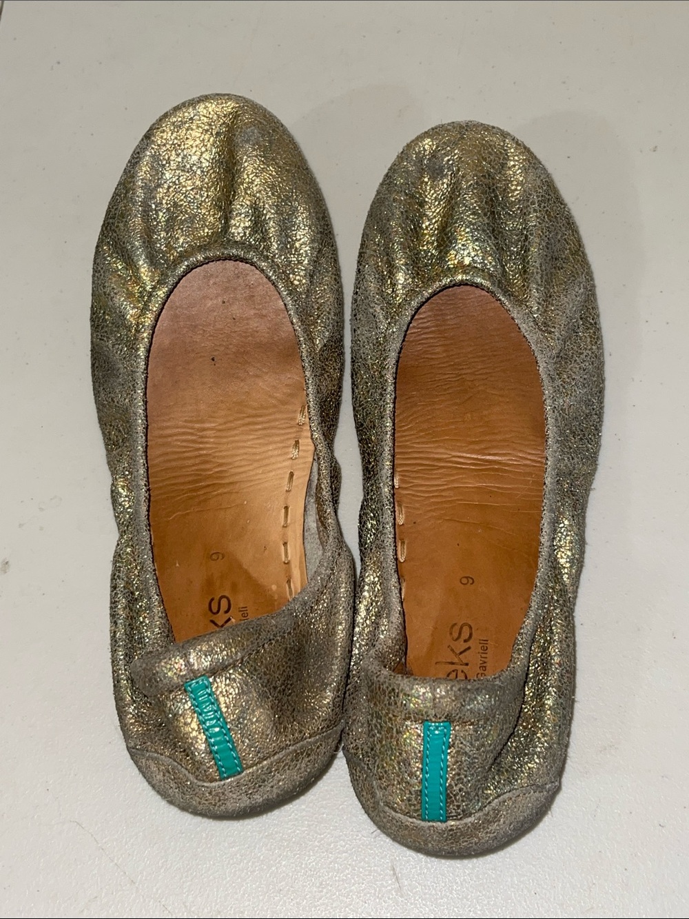 Tieks by Gavrieli Sparkling Gold Ballet Flats with Teal Heel Tab - Women